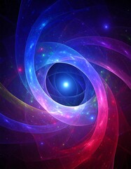 Abstract swirling fractal design with vibrant colors and glowing particles