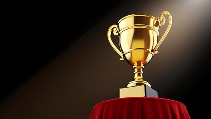Golden trophy cup on red velvet pedestal under spotlight backdrop