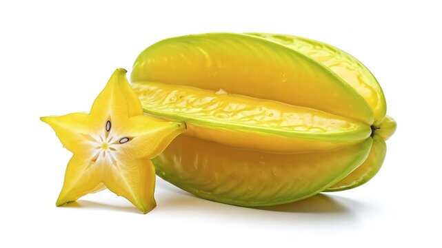 A vibrant, ripe carambola and a perfect star-shaped slice sit isolated on a clean white background. This exotic, juicy fruit is perfect for concepts of healthy eating and nutrition.