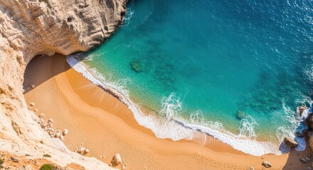 Beautiful Secluded Sandy Cove with Turquoise Ocean Waters and Rocky Cliffs