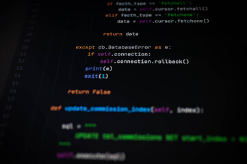 Close-up of Python code handling database errors using try-except block and rollback function, illustrating backend logic and error control. Ideal for IT education, dev content, and tech blogs.