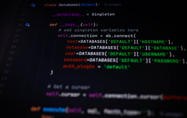 Close-up of Python code snippet showing database connection configuration using Singleton pattern. Great for use in cybersecurity, software engineering, backend development, and IT education.
