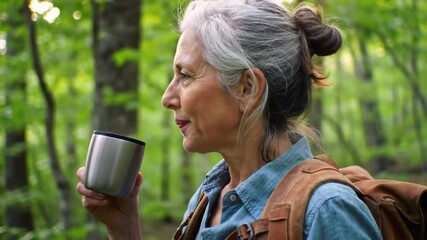 Senior woman, coffee cup and hiking in forest, thinking or happy in nature, start morning or energy. Elderly lady, outdoor and excited for drink, coco or matcha with backpack, vision or walk in woods - Powered by Adobe