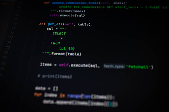 Close-up of Python function for dynamically generating SQL SELECT statements to retrieve data from database tables. Great for backend development, data engineering, and coding education visuals.
