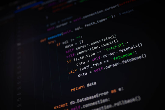 Close-up of Python code for executing SQL queries and fetching data using cursor methods like fetchall and fetchone. Perfect for backend development, programming tutorials, and IT education.