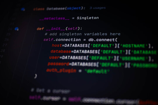 Close-up of Python code for connecting to a database using Singleton pattern, showing host, user, and password configuration. Ideal for backend development, DevOps, and tech education visuals.