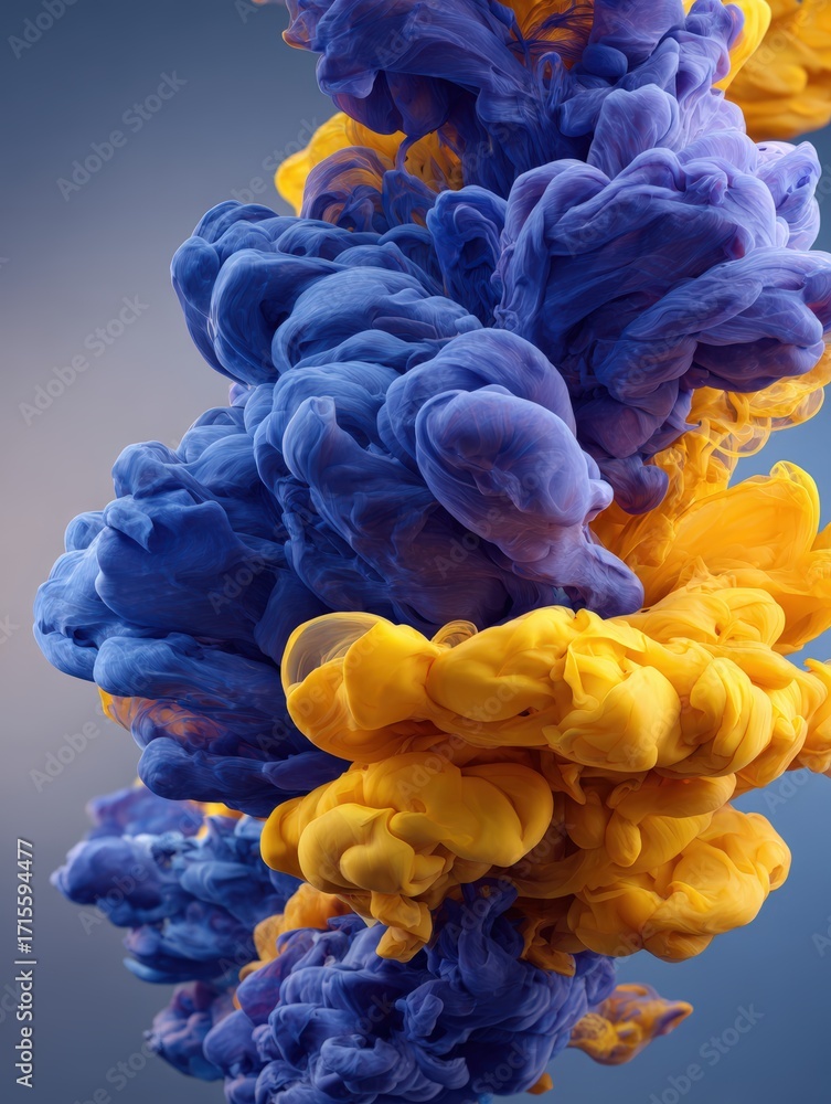 Poster a beautiful cloud of blue and yellow pigment swirls together creating an abstract and mesmerizing di