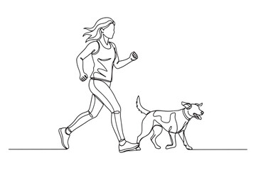 Fototapeta premium continuous line drawing of a woman running with her dog