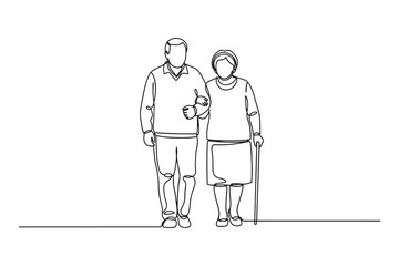 Continuous Line Drawing of a elderly couple walking together arm in arm