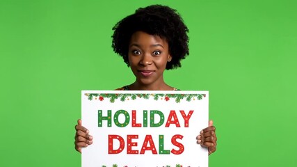 Excited woman reveals amazing holiday deals, perfect for festive promotions and sales announcements