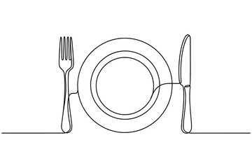  Continuous Line Drawing of a plate with fork and knife