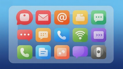 Colorful digital interface with communication and utility app icons arranged in a grid on a blue background