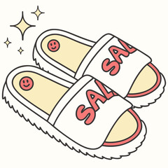 Illustration of fluffy white slippers with the word sale written on them, these cozy slippers are perfect for lounging around the house or running errands in style