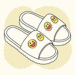 Illustration of fluffy white slippers with a smiley and sad face on them, these cozy slippers are perfect for lounging around the house or running errands in style