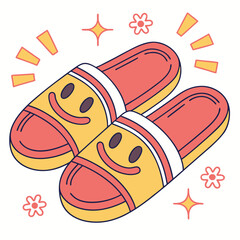 Vector art of a charming pair of cartoon slippers, radiating joy with smiley faces, surrounded by sparkling stars and delicate flowers, creating a cozy and cheerful atmosphere in a delightful design