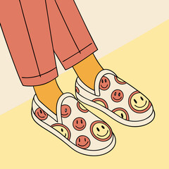 Vector art of a trendy illustration showcases a pair of slipon shoes adorned with smiley faces, worn by someone with a relaxed and stylish vibe, perfect for casual outings and comfort