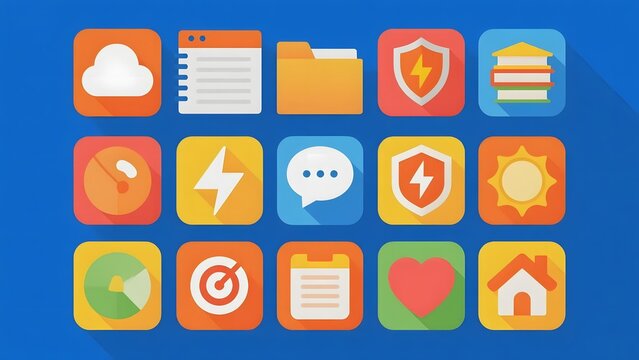 Collection of colorful app icons representing various functions and services on a digital interface