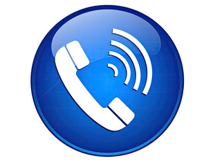 Round blue button with white phone icon and ringing signal