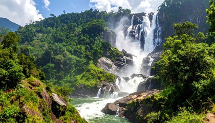 Fototapeta premium Serene Waterfall Cascading Through Lush Rainforest