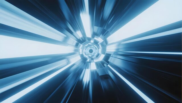 Abstract blue tunnel with radial light streaks and central glowing core