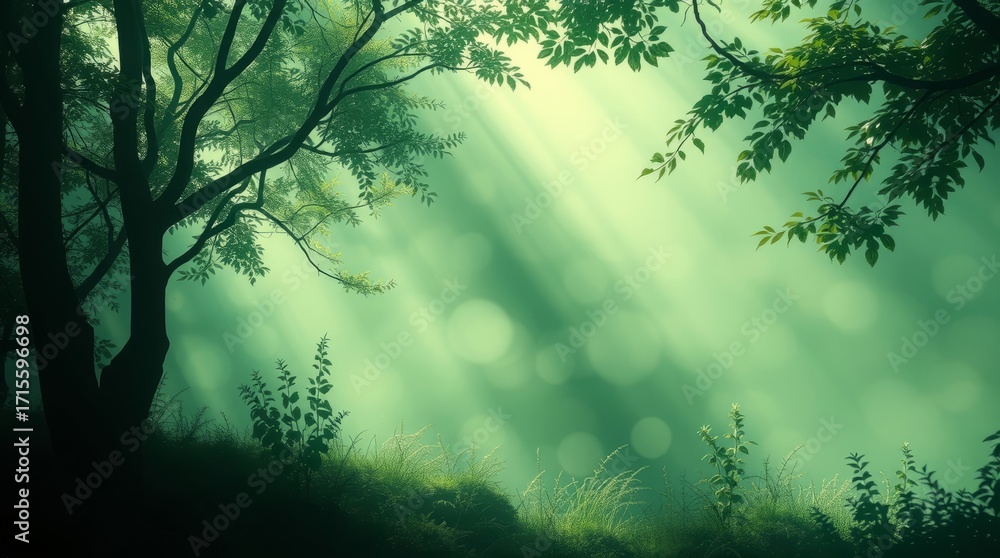 Poster sunlit forest: a tranquil, ethereal forest scene is bathed in the soft glow of sunlight filtering th