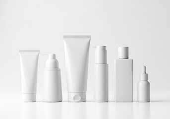 Collection of white cosmetic bottles and tubes isolated on white background