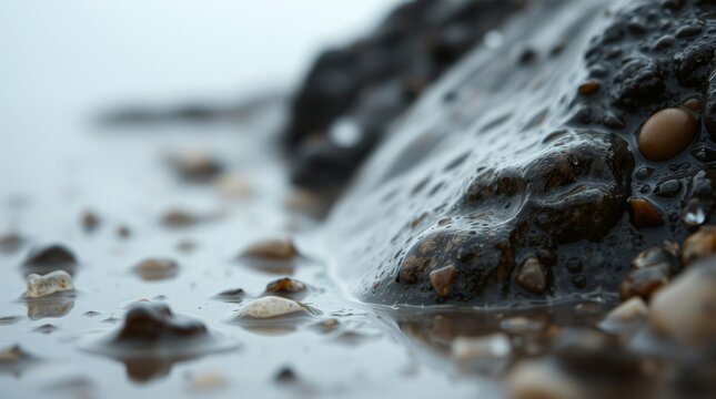 Coastal Serenity: A macro photograph reveals a shoreline with pebbles and water reflecting the soft light of a cloudy day, inviting viewers into a world of calm and natural beauty.