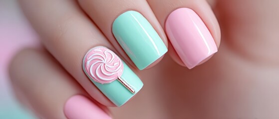 A woman's hand displays a creative manicure with pastel nail polish and a whical lollipop design on a light background, close up view.