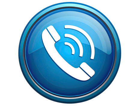 Blue circular button with a white phone icon and radiating waves - Powered by Adobe