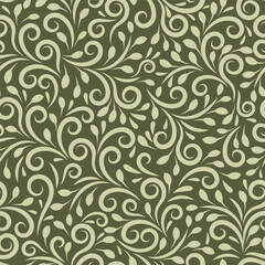 Seamless Stylish Leaves And Swirls On Moss Green Background