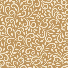 Seamless Stylish Leaves And Swirls On Gold Background