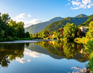 Serene mountain river reflecting landscape