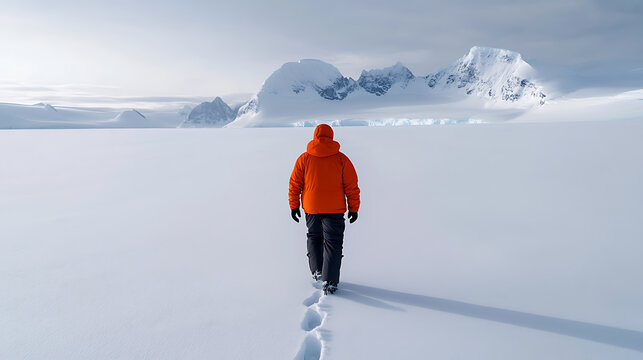 Lone trekker traverses expansive snowy plains towards distant, majestic snow-capped mountains, footprints marking their solitary passage. Antarctic exploration.