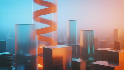 Abstract cityscape with glowing spiral structure and futuristic buildings under gradient lighting