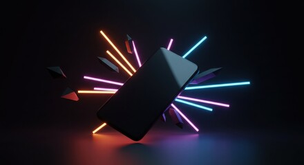 A smartphone hovering weightlessly with geometric light beams shining around it