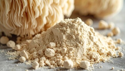 Wholesome lion's mane mushroom powder and whole mushroom for natural health and wellness