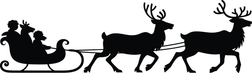 Flying reindeer silhouette, black vector.