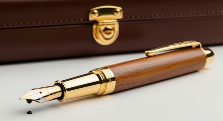 Fototapeta premium Elegant Wooden Fountain Pen with Gold Accents resting on a Surface