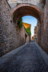 Fototapeta premium Vista panorámica del casco histórico de la ciudad española de Cáceres con vistas a los tejados de tejas marrones de edificios antiguos alrededor de la plaza principal en el soleado día de verano