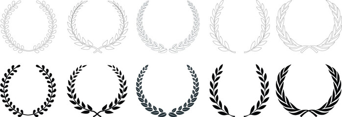 Laurel wreath icon set. Black circular laurel olive branches greek wreath. Vintage laurel wreaths. Winner award of olive leaves, stars of victory, achievement heraldry symbol. Vector illustration.
