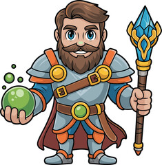 Cartoon wizard character, magical staff, glowing orb, fantasy armor, bearded mage, spell casting, blue eyes, heroic pose, enchanted illustration