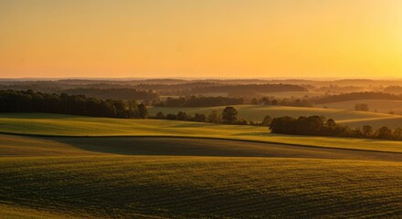 Fototapeta premium Golden hour vista over rolling farmlands. Sunrise paints the fields and forests with warm hues. Gentle hills fade into hazy distance