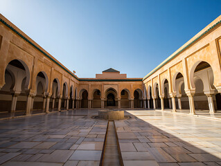 Fototapeta premium Beautiful Courtyard of Hassan II Mosque in Casablanca Morocco with Arches and Sunlight