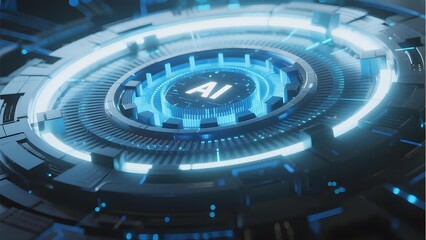 Futuristic AI interface with glowing blue circular design and central AI symbol