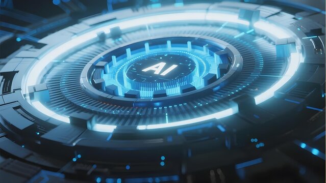 Futuristic AI interface with glowing blue circular design and central AI symbol