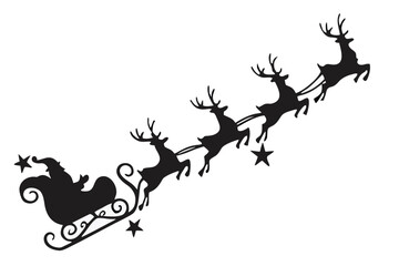Silhouette of santa claus and reindeer flying through a starry night