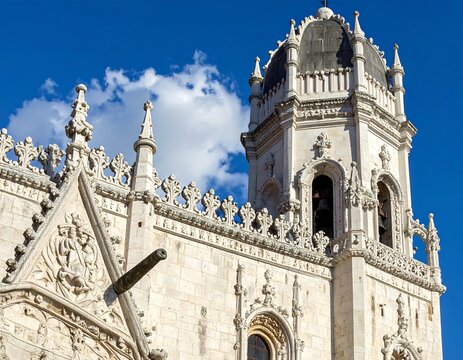 A detailed view of a portion of a white stone monastery, showcasing intricate architectural details and ornate carvings, set against a vibrant blue sky dotted with fluffy clouds.