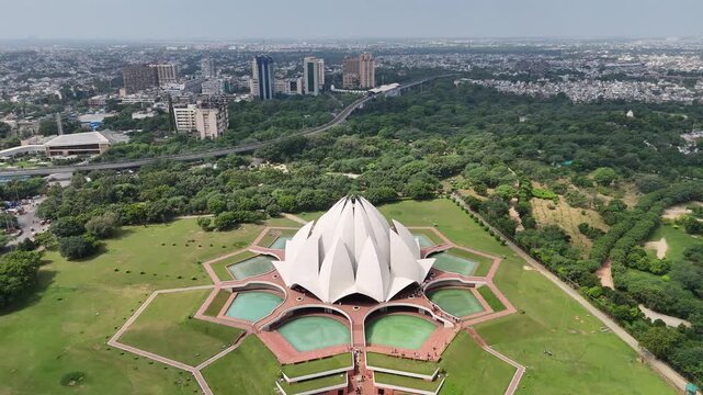 Aerial shot of Lotus Temple Bah&aacute;ʼ&iacute; House of Worship in New Delhi, India