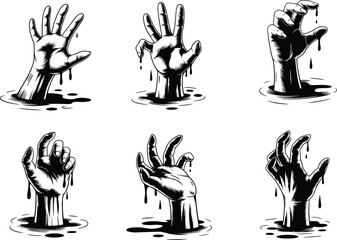 Black and white hand illustration, dripping liquid, horror theme, eerie gesture, dramatic pose, creepy art, struggle concept, supernatural drawing