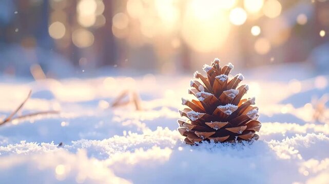 Pine Cone in Winter Snowfall: Forest Scene with Bokeh